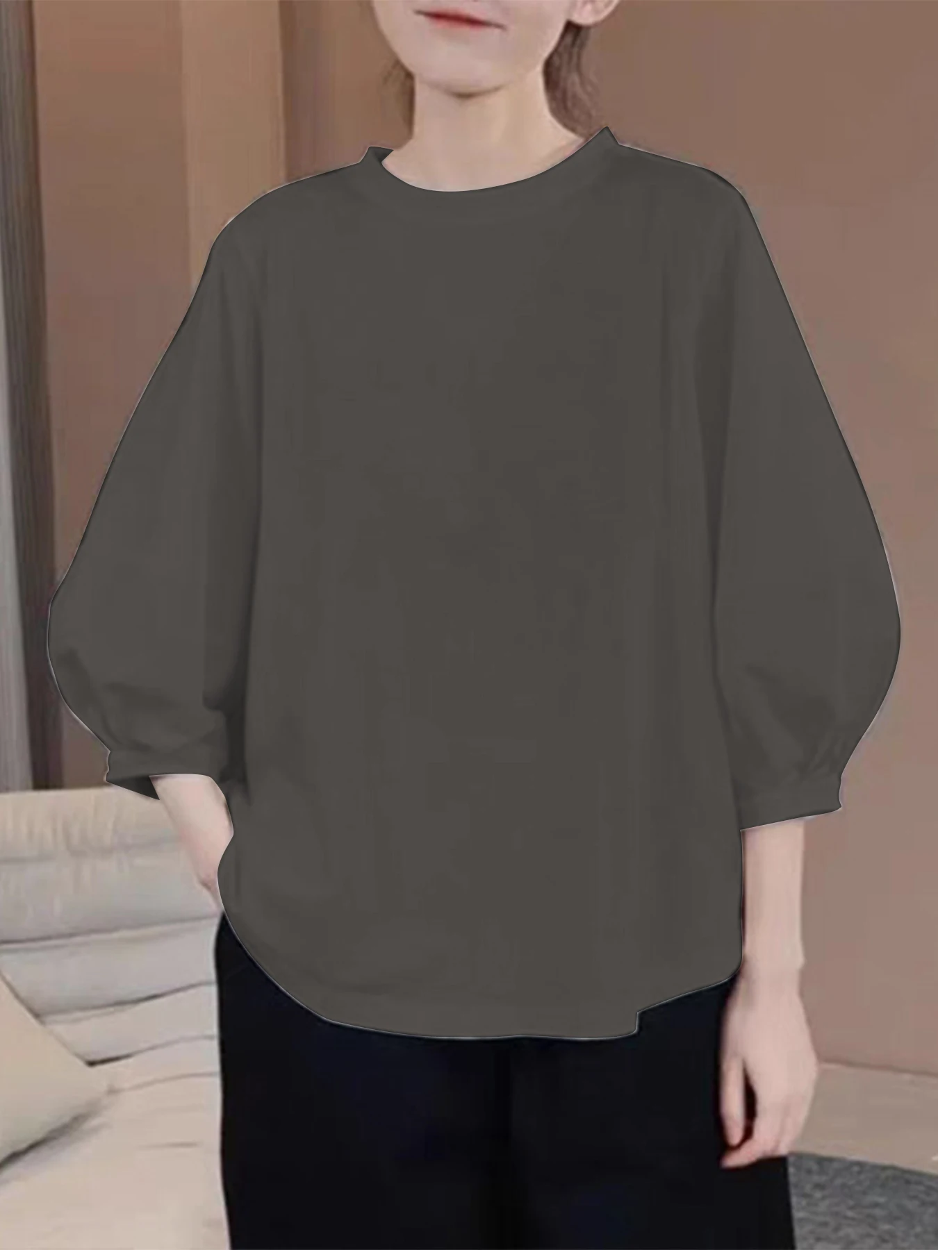 Damen-Tops mit 3/4-Ärmeln, Rundhalsausschnitt, lässig, trendig, lockere T-Shirts – Detail 4