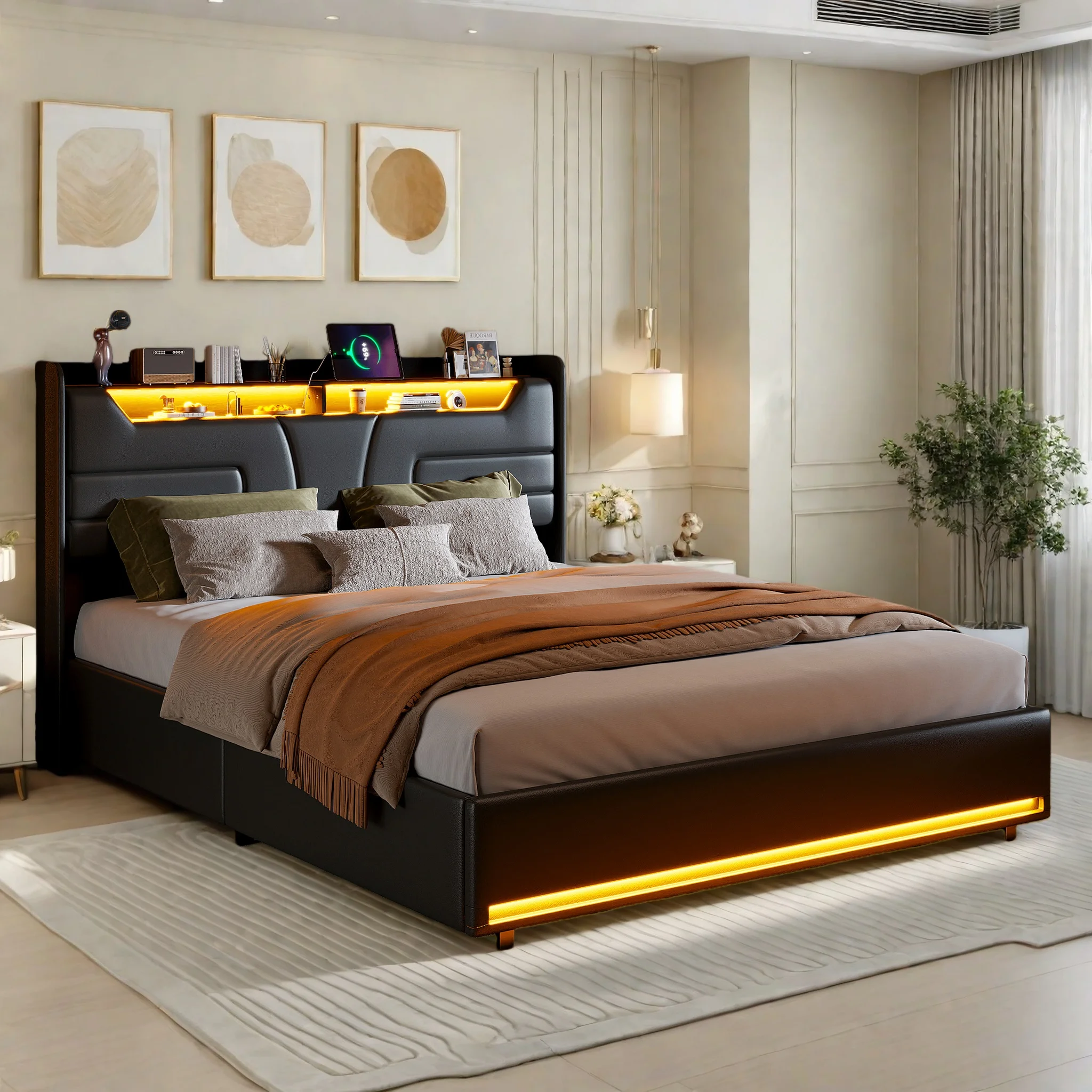 Cama tapizada de 140 x 190 con cabecero LED y USB, cama doble con cajón de almacenamiento, cama juvenil hidráulica con espacio de almacenamiento, estructura de cama con almacenamiento y base de láminas, PU, ​​sin col