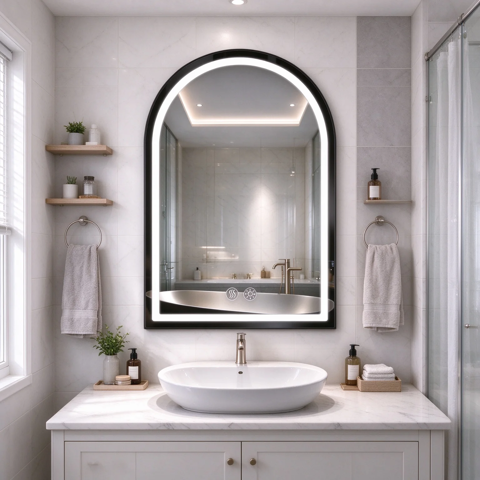 Arched LED Bathroom Mirror for Wall. Anti-Fog Dimmable Vanity Mirror with Black Frame. Lighted Makeup Mirror with Touch Control. Wall Mounted Modern Bathroom Mirror Fits Any Wall Color and Decor Style
