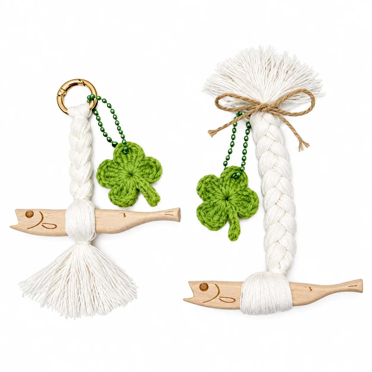 Handmade Wooden Fish Keychain Lucky Four Leaf Clover Bag Charm Cotton Tassel Pendant Cute Boho Key Ring Backpack Purse Accessory