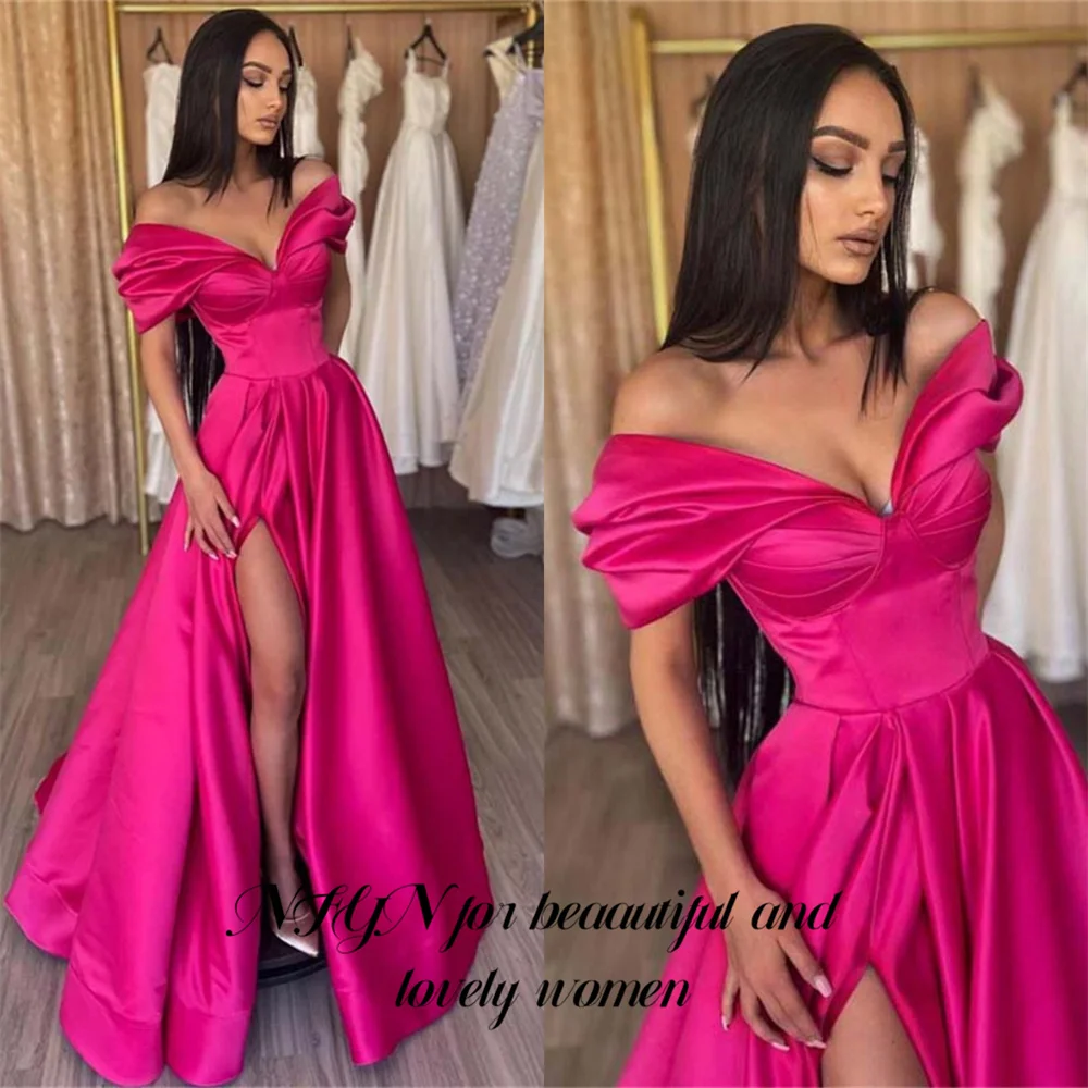 

NFYN Elegant Pleat Fuchsia Prom Gown Satin Side Slit Evening Dress Off the Shoulder Party Prom Dress for Women Formal Customized