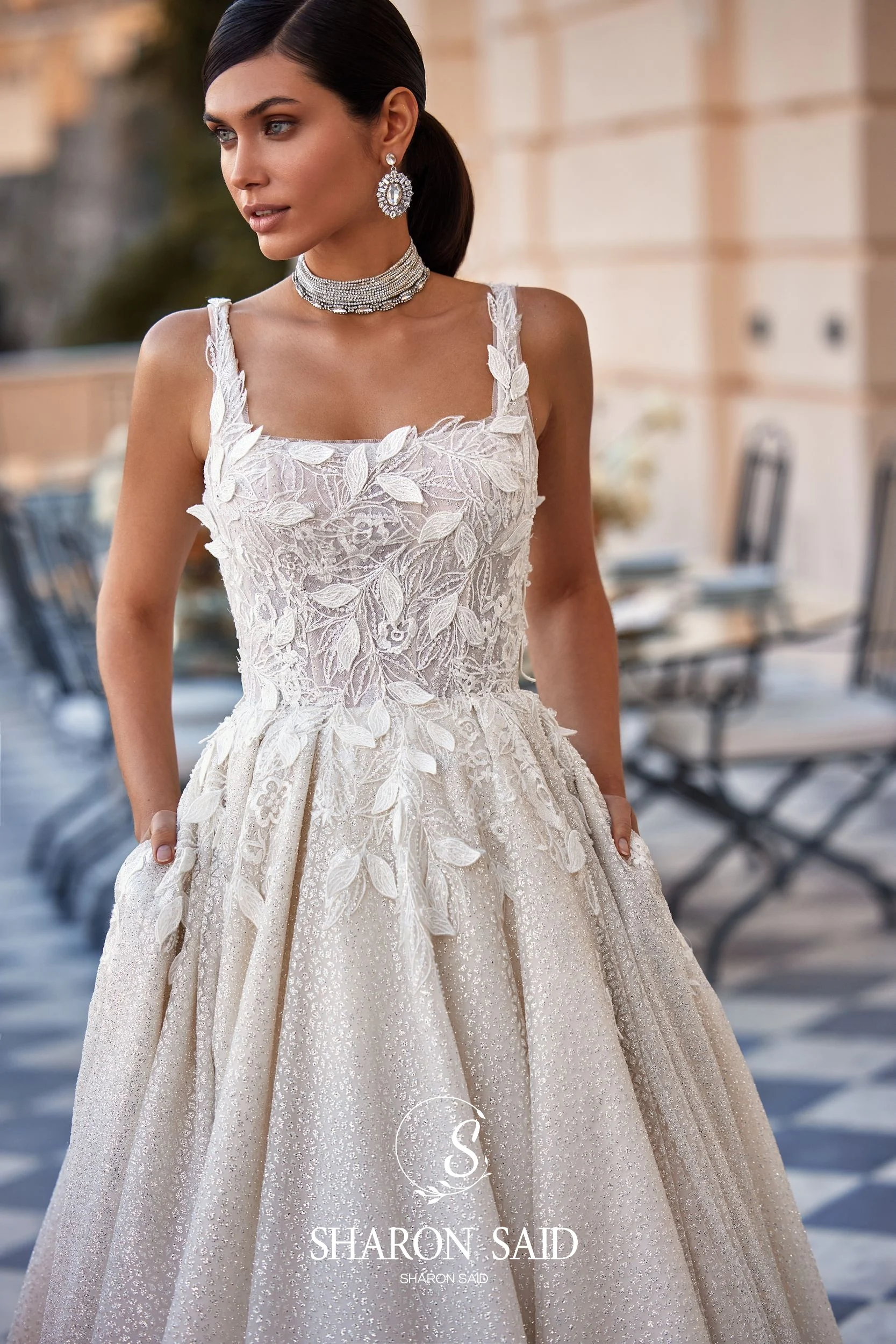 Sharon Said Sparking Square Collar Ivory Tulle Wedding Dress 2026 Modern A-Line With Pocket Princess Bride Gown SW505 Customized