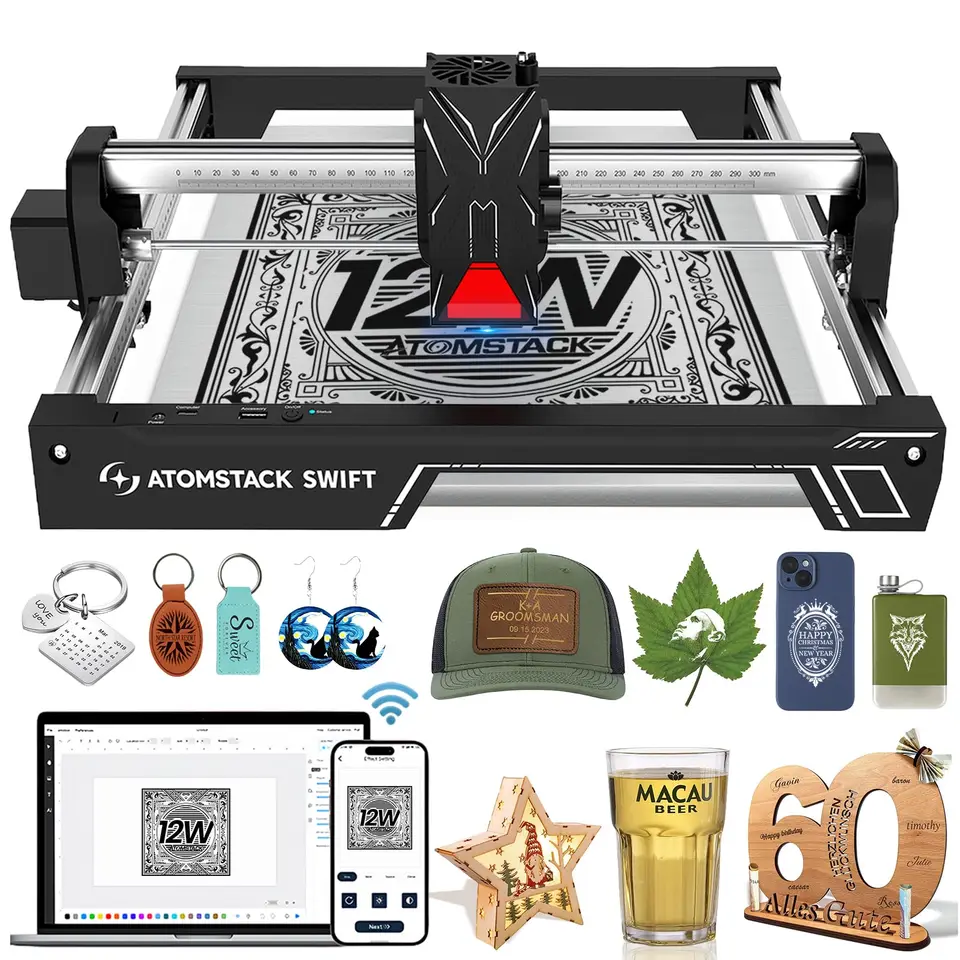 高出力 ATOMSTACK Swift 12W レーザー 彫刻機 ステンレスOK AtomStack Swift Laser Engraver 7W 12W for Home Creators - WhatGeek