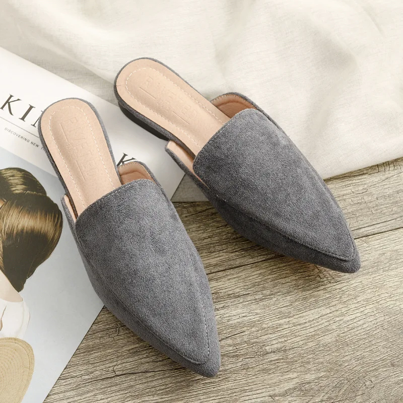 New Arrival Women's Sandals Flat Heel Pointed Toe Semi-Slippers Women's Black Mule Shoes Suede Velvet Surface Women Shoes
