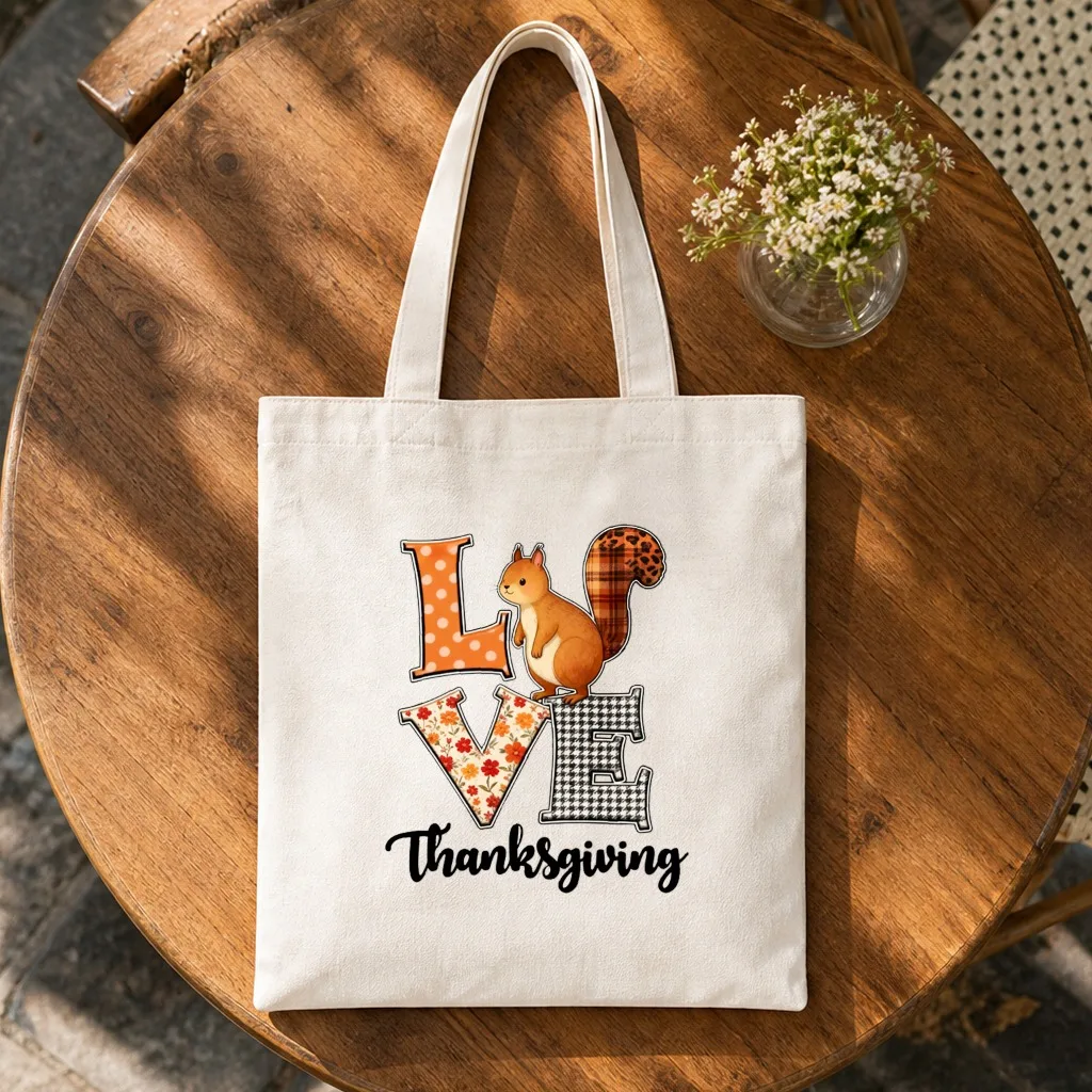 Love Canvas Tote Bag Cute Squirrel Patchwork Letter Print Shoulder Bag Women Reusable Handbag for Party Fall Autumn Shopping Bag