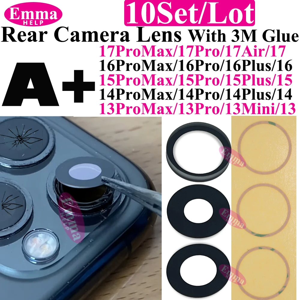 10 Stück A+ Rückkamera-Glas für iPhone 17 Air 16 Plus 15 Pro Max 14 13 Mini 12 Rückkamera-Glaslinsenabdeckung Halterung Ersatzteile