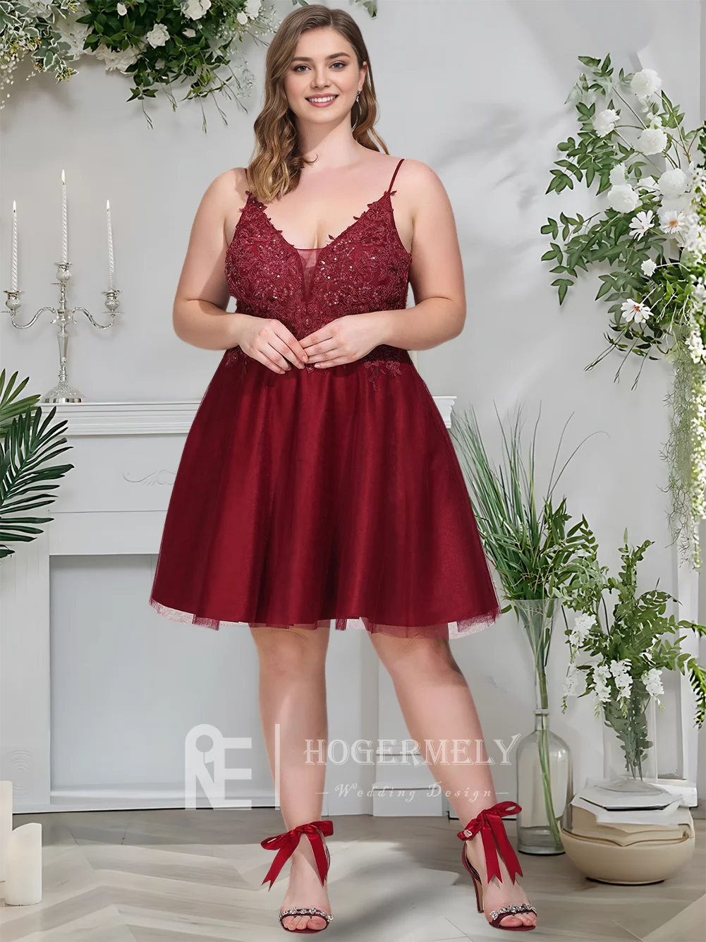 

A Homecoming Dresses 2025 Burgundy A-Line V-Neck Short Tulle Lace Prom Dress With Sparkling Sequins Formal Cocktail Party Gown​