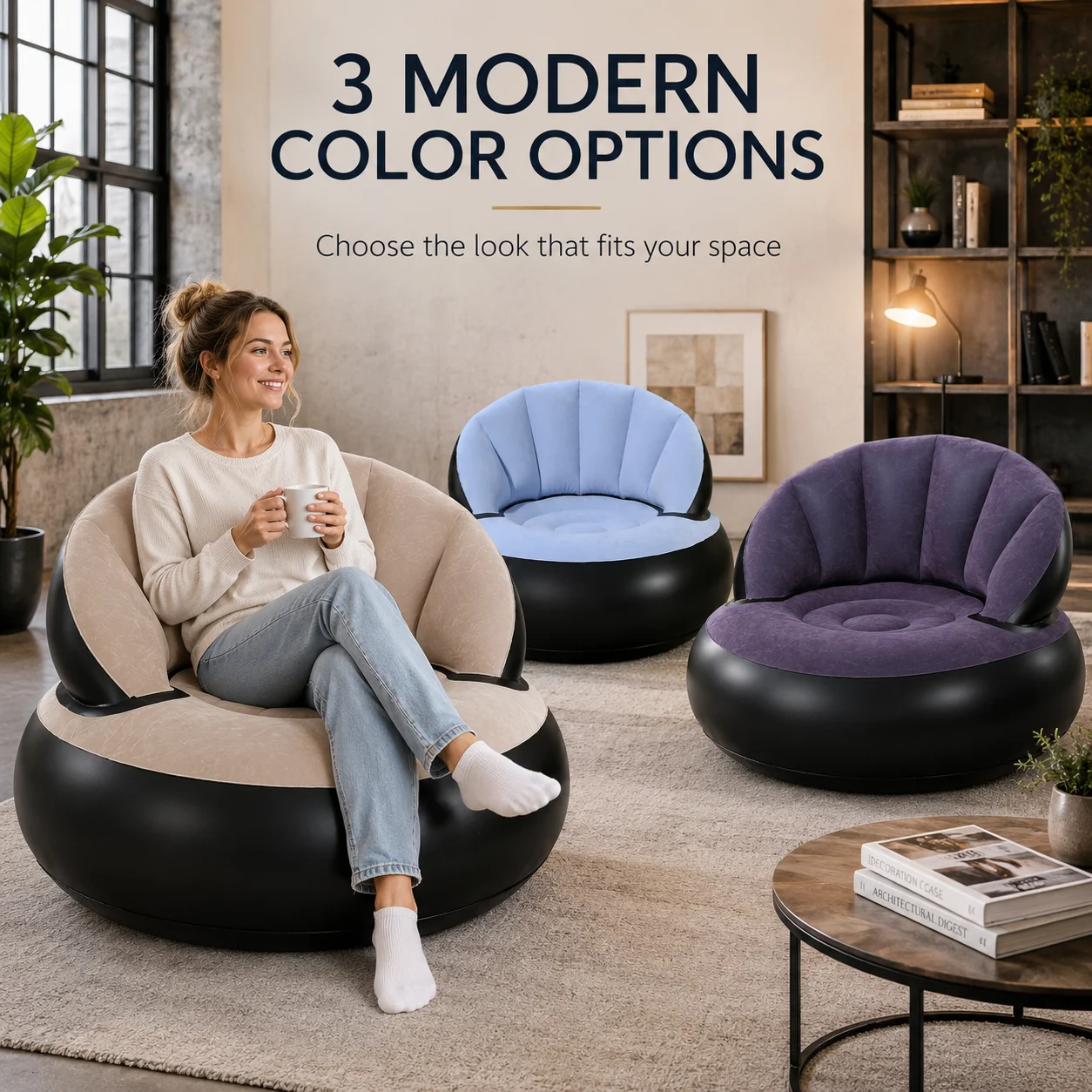 Inflatable Sofa Chair, Flocking Air Lounge Couch Bean Bag Sofa Bed, Portable Lazy Chair for Home Bedroom Living Room Camping - view 4