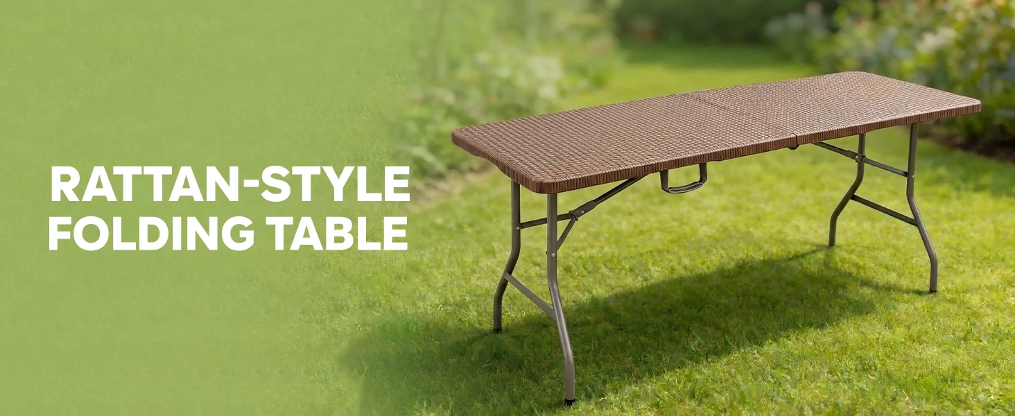 180x70cm Koffertisch Klapptisch Rattanoptik Faltbar Campingtisch für 8 Personen 150kg Stabil Gartentisch Outdoor Partytisch Braun – Detail 1