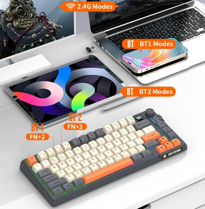 Imagem -02 - Teclado sem Fio 80 Teclas 80 Layout Espanhol Russo Árabe Coreano Teclado Mouse Conjunto Bluetooth 2.4g Duas Vias sem Fio 2000mah tipo c K92 Retroiluminação Tela Digital Jogos Escritório Botão de Volume