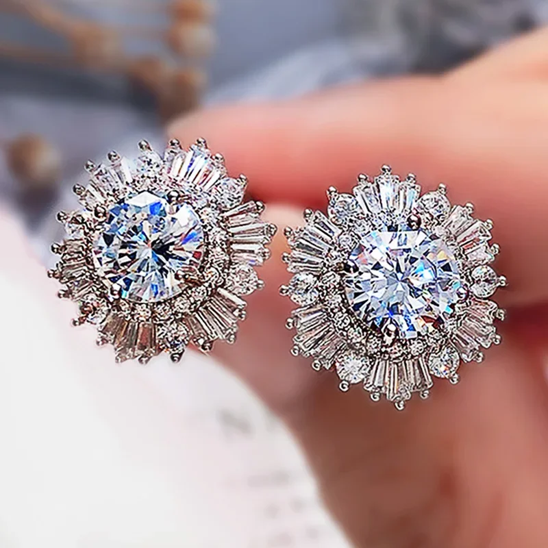 Huitan éternité cubique zircone fleur boucles d'oreilles pour les femmes de haute qualité accessoires de mariage classique polyvalent femme bijoux