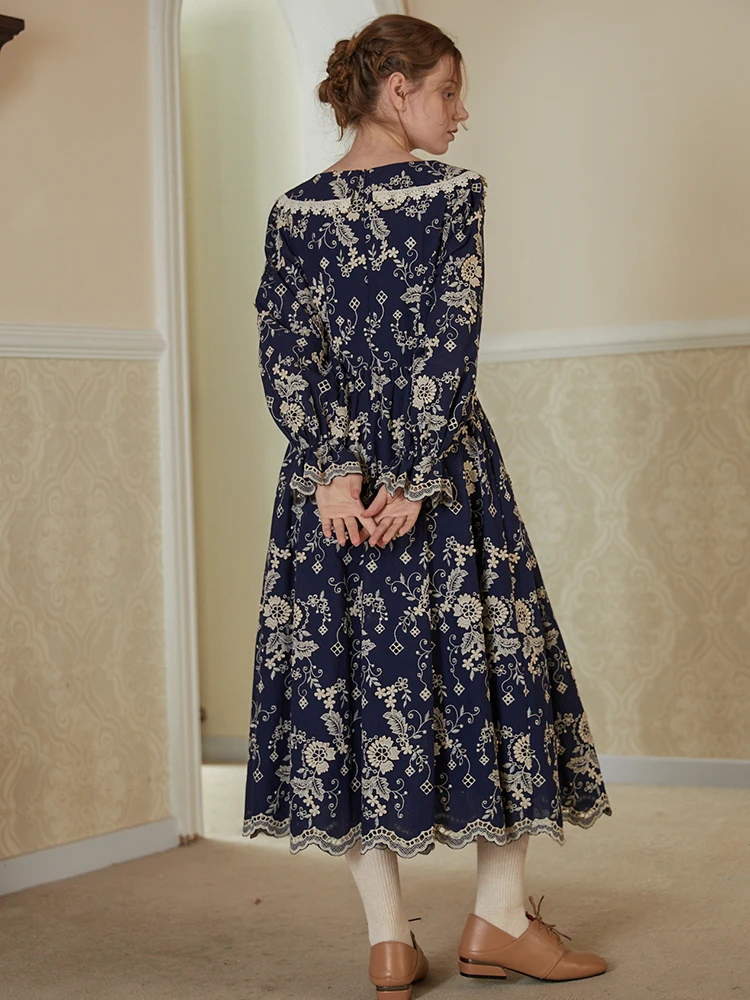 Autumn Winter Original Design Women Mori Girls French Vintage Lace Patchwork Flower Embroidery Navy Blue Cotton Dresses