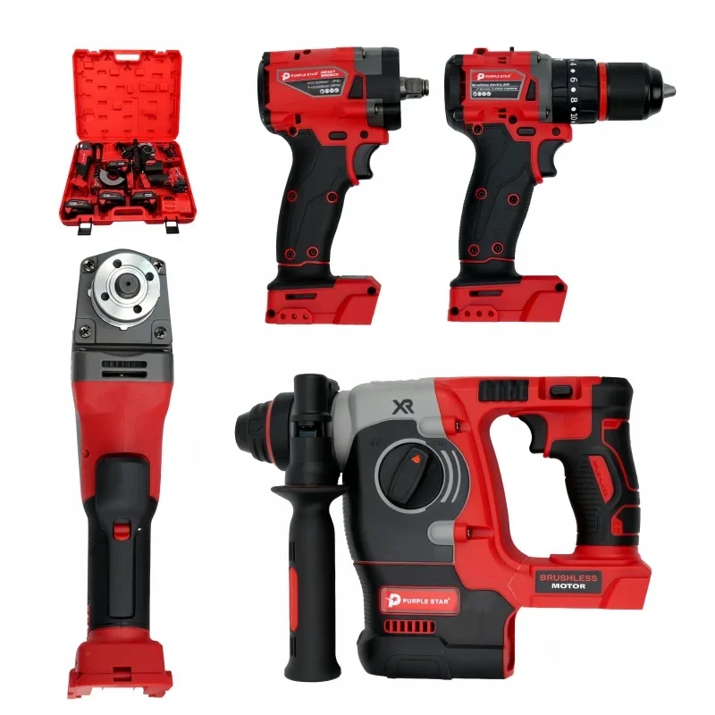 

Brushless Electric Tools Screwdriver Electric Hammer Angle Grinder Electric Wrenches Combination Set with 4 Batteries