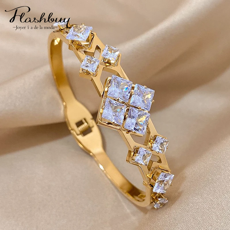 Flashbuy Luxurious White Rhombic Cubic Zircon Stainless Steel Bangles Bracelets for Women 18k Gold Plated Waterproof Jewelry