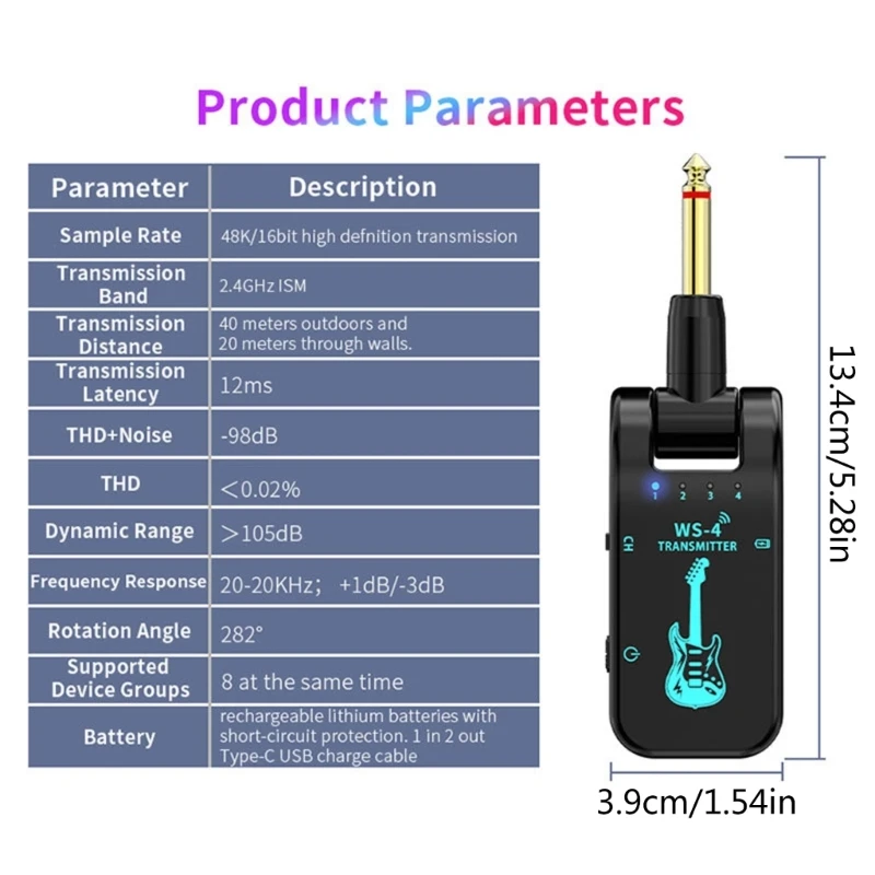 2.4GHz Wireless Guitar System Rechargeable Sound Wireless Transmitters Receiver 8 Channels Transmission Range Easy to Use