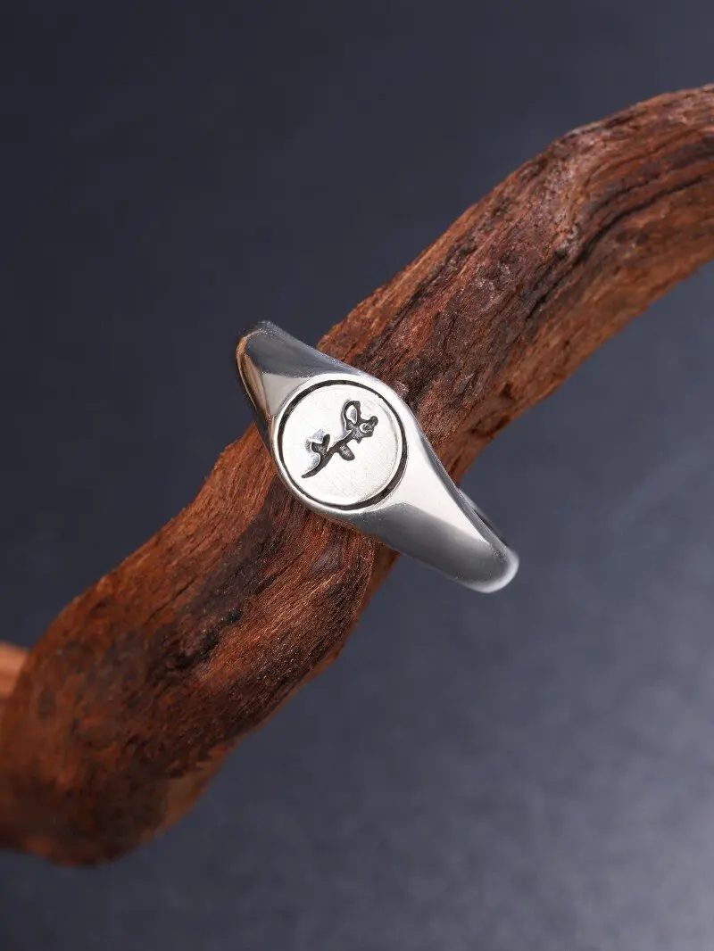 Anel de prata esterlina S925, anel de prata envelhecido vintage, design de carimbo de símbolo personalizado, anel de estilo unissex, anel de prata moderno e exclusivo para homens e mulheres