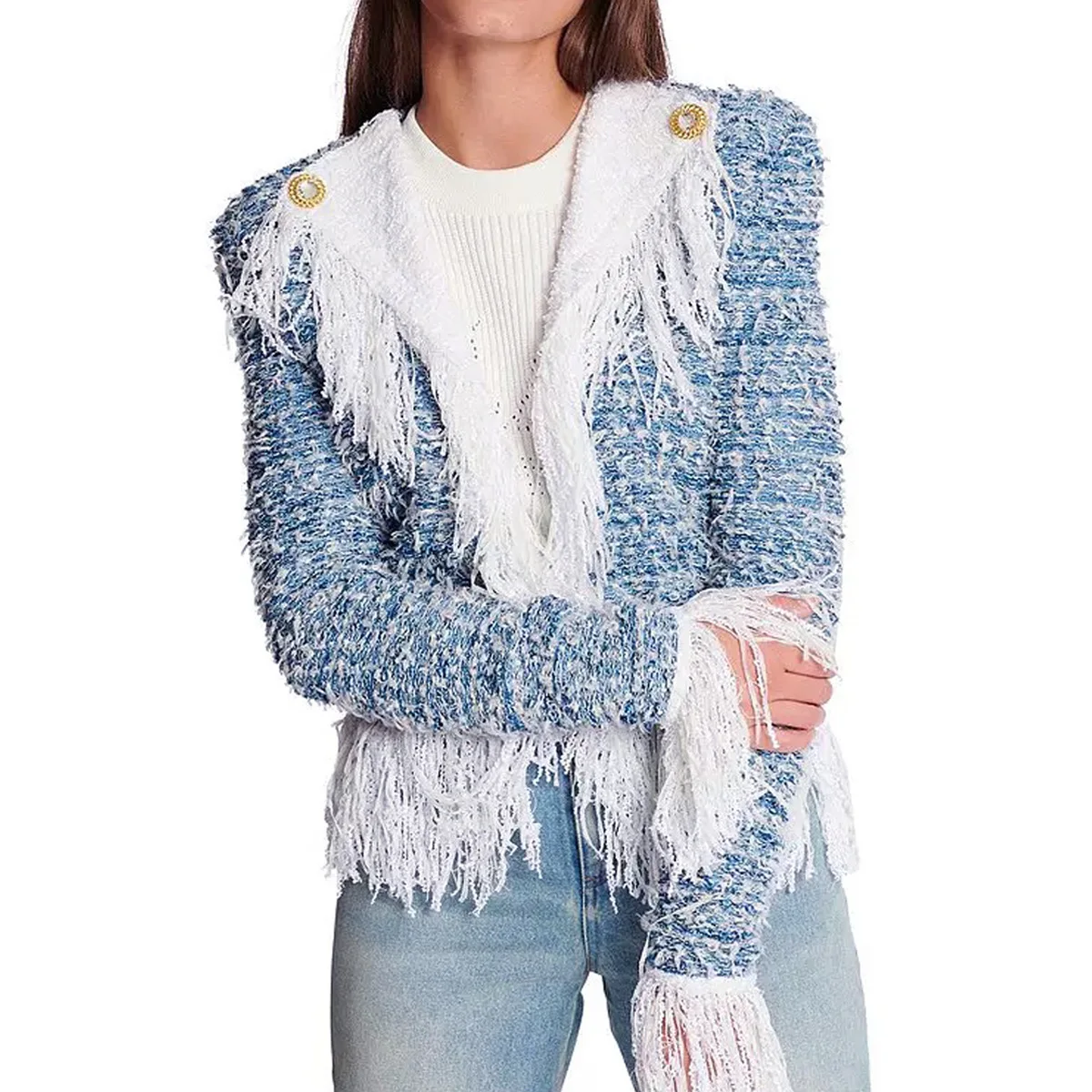 

Tassel Spliced Tweed Jacket 2024 Autumn For Women Solid Turn-down Collar Slim Holiday Party Club