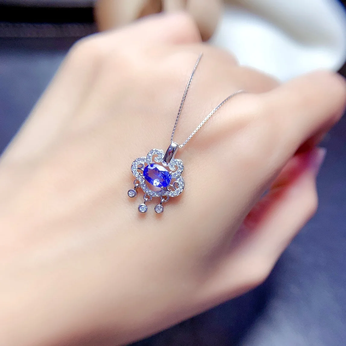 Jewelry Girl Pure Natural Tanzanite Necklace Pendant 925 Pure Silver Plated Platinum Longevity Lock Christmas Gift for Girlfrien