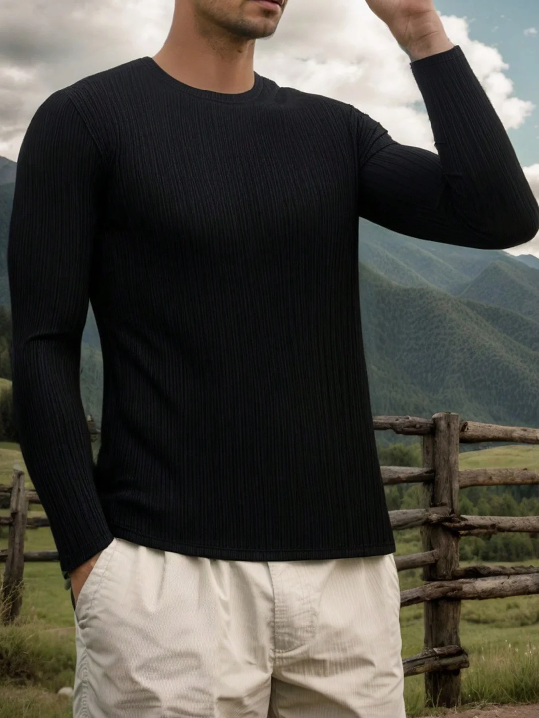 

Мужская теплая эластичная трикотажная футболка с круглым вырезом и длинными рукавами, повседневная и удобная посадка, подходящая для повседневной носки