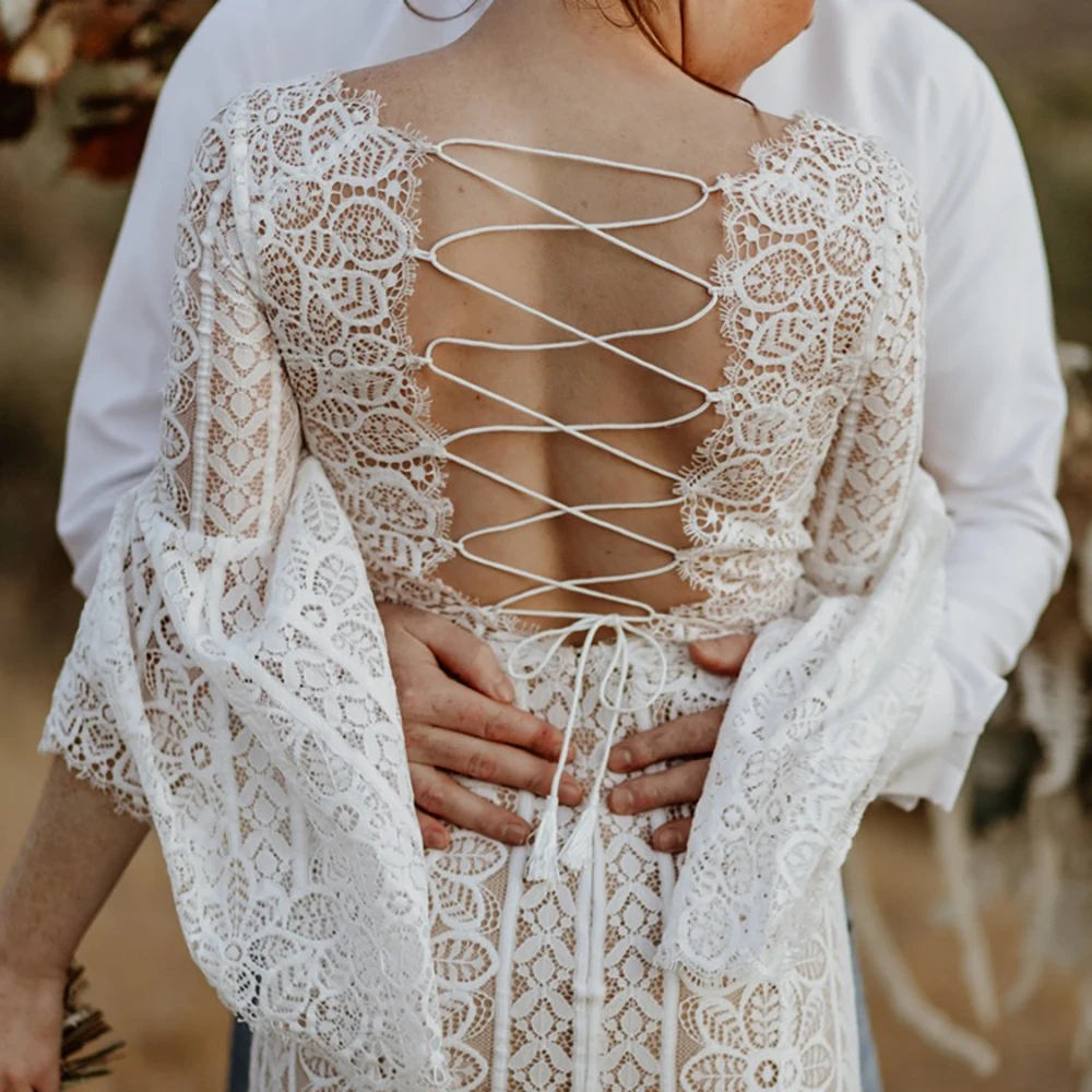 Elopement Long Butterfly Sleeves Boho V Neck Wedding Dress Custom Made Criss Cross Rustic Backless Lace Up Mermaid Bridal Gown