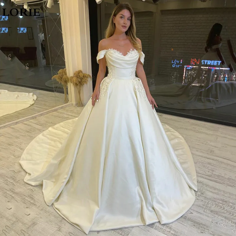 

LORIE Princess Wedding Dress A Line Off The Shoulder Satin Elegant Lace Bride Dresses Ball Gowns Pleat Women Wedding Party Dress