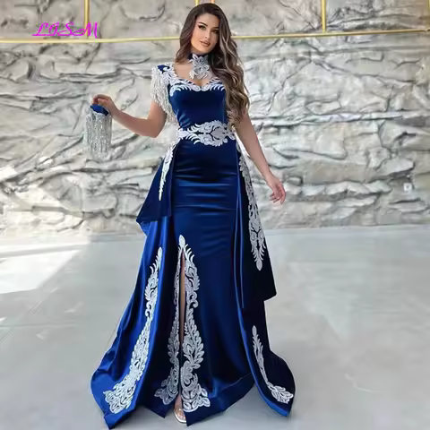 Long Evening Dress Appliques Lace Cap Sleeve Royal Blue Mermaid Slit Velvet Arabic Prom Gowns Party Dress 2025