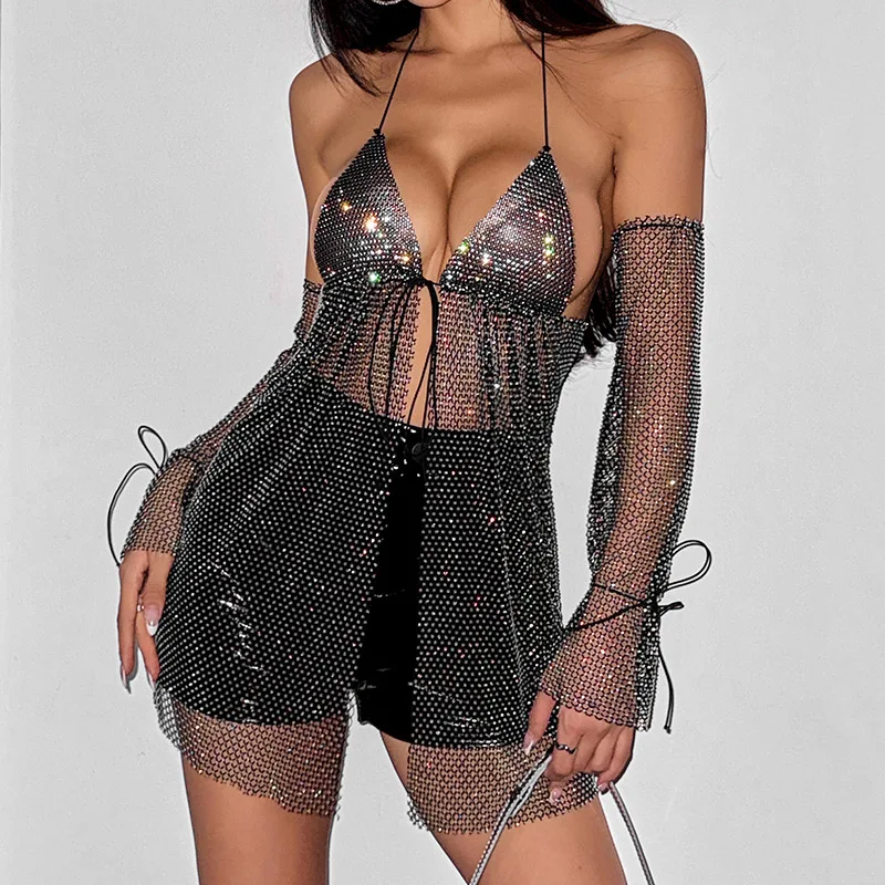 

New Arrivals Backless Sparkle 2Packs Y2K Outfit For Hot Girls Party Rave Rhinestone Fishnet See Though Halter Top With Sheer Arm
