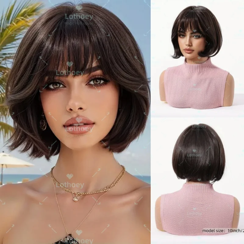 

Women's Elegant Brown Bob Wig with Bangs human Hair wig Natural Look for Everyday, Parties, Photoshoots lace front wig