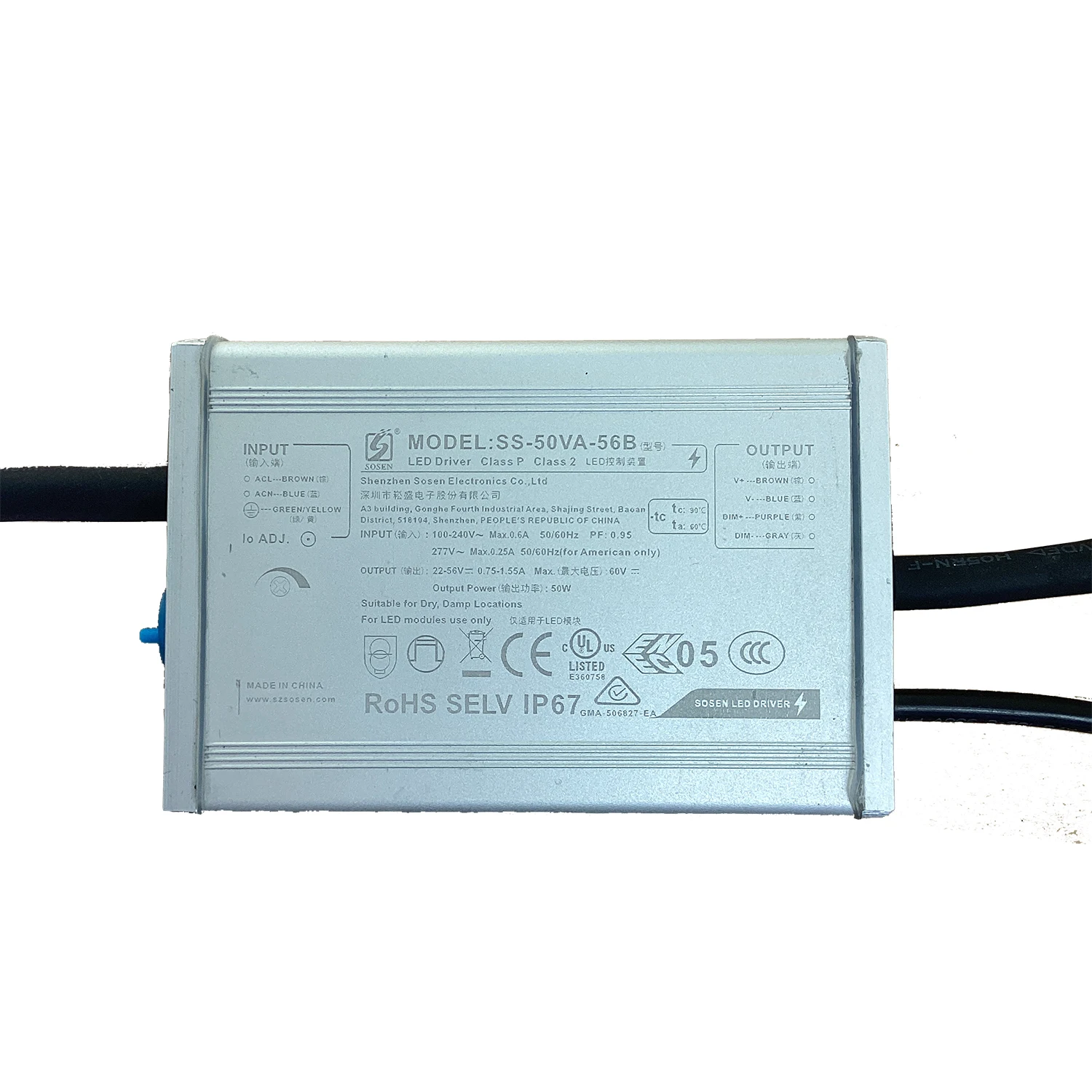 SOSEN VA Series 50W 0-10V Driver Dimmable IP67 Power Supply  SS-50VA-56B 22-56V 0.75-1.55A Io ADJ for Street & Area Lights