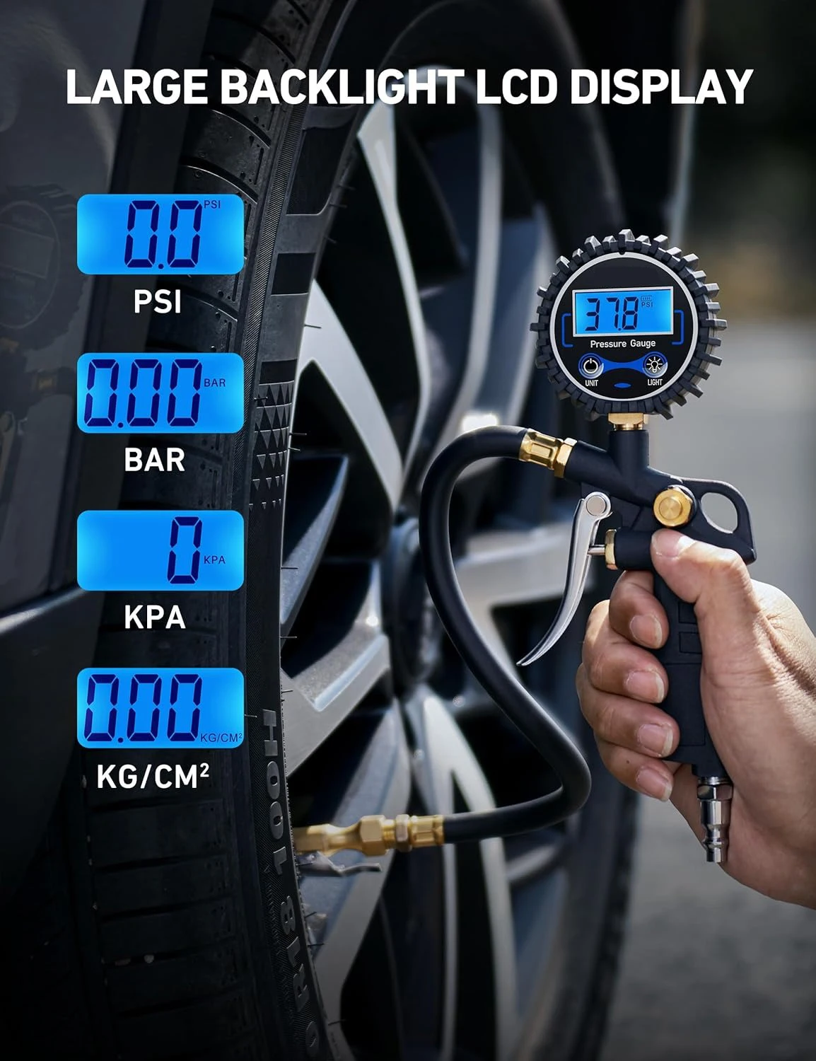 Digital Tire Pressure Gauge with Inflator 250 PSI Air Chuck & Compressor Accessories Heavy Duty with Quick Connect Coupler