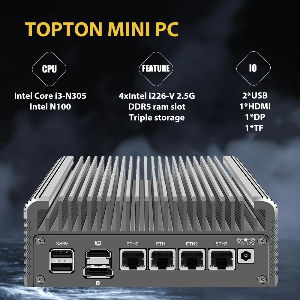 X4C mikro Firewall urządzenie 4 intel I226-V 2.5GbE NIC porty minikomputer bezwentylatorowy Intel N100 i3 N305 czterordzeniowy, AES-NI DDR5 RAM