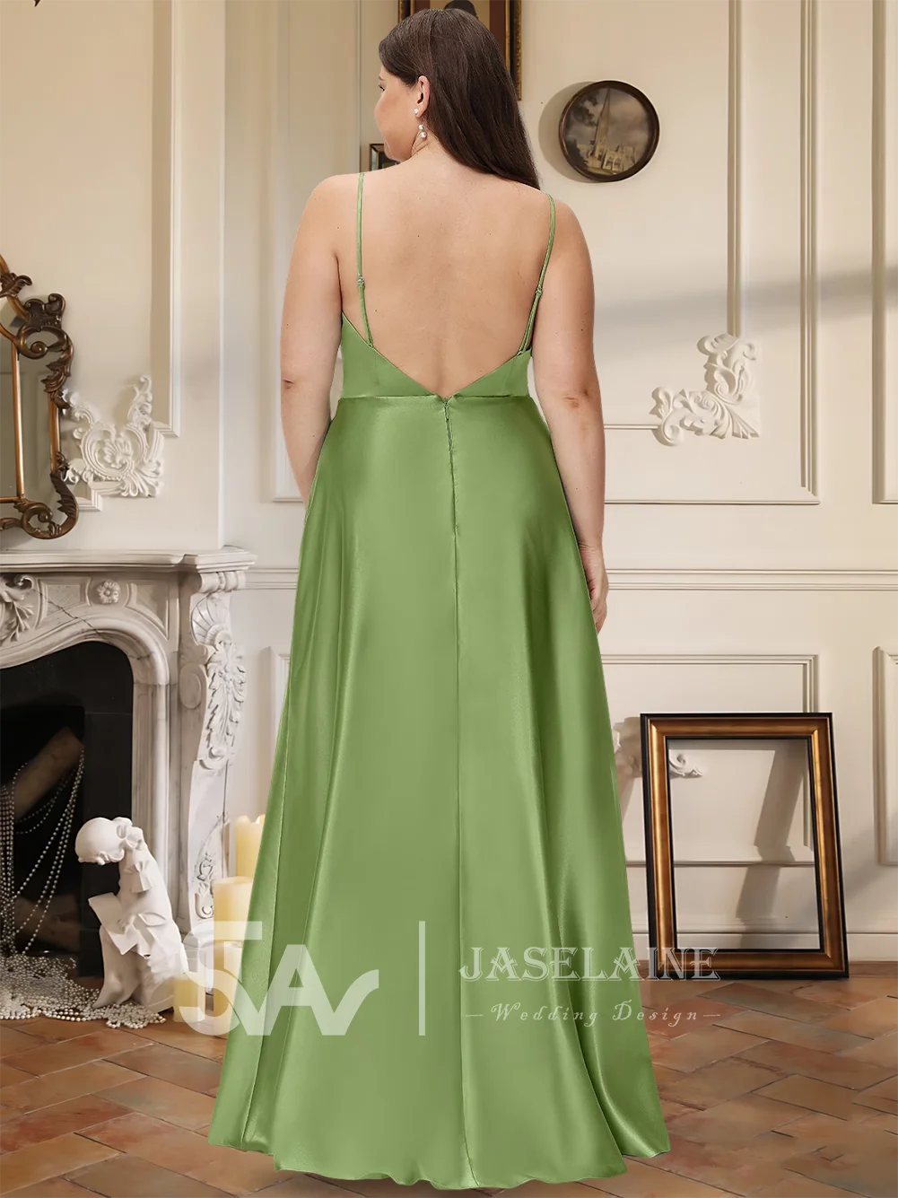 Vestidos de dama de honra de luxo a linha cowl pescoço até o chão cetim perna fenda cintas de espaguete casamento convidado festa à noite cocktail