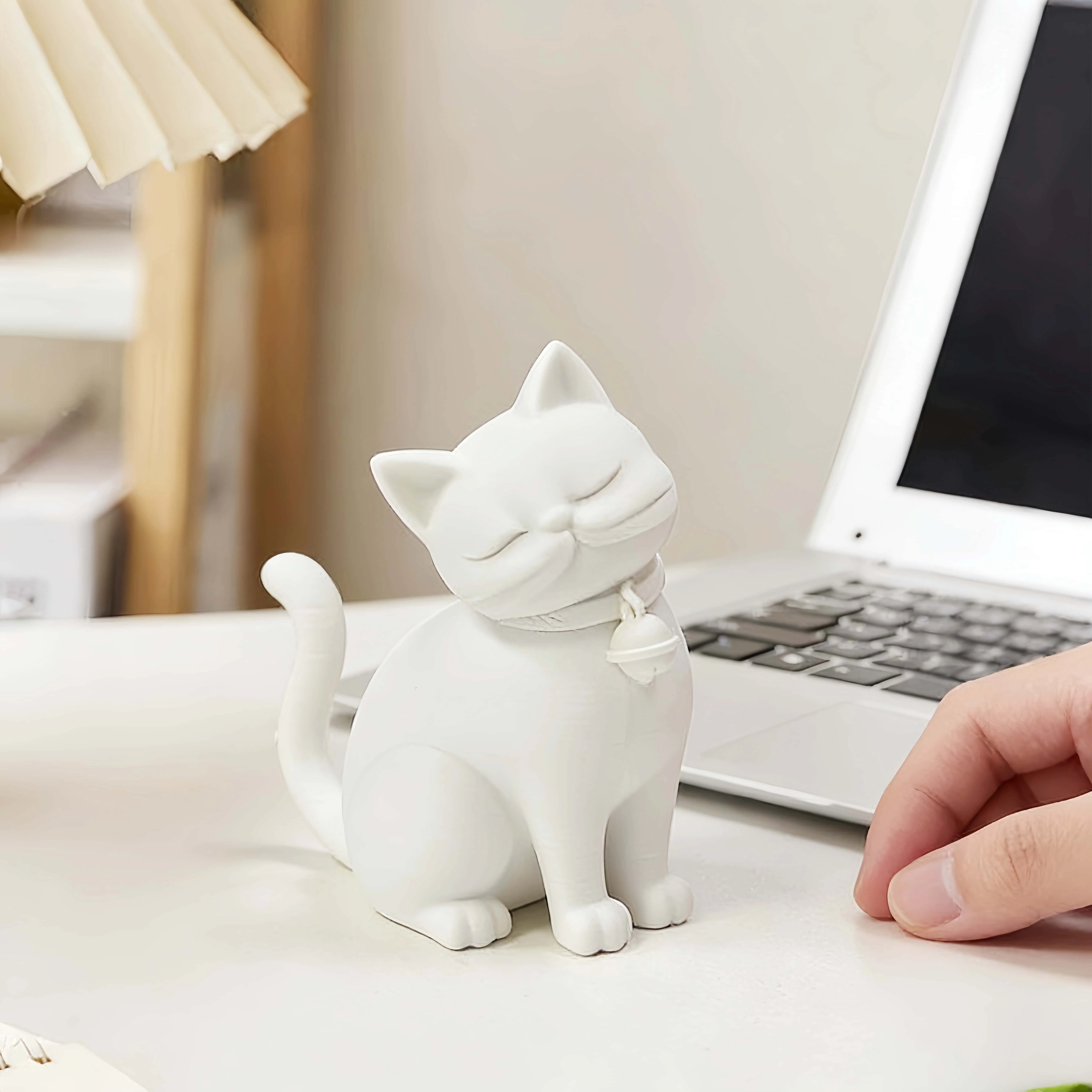 Cute Tilted Head Cat Figurine with Bell, Kawaii Sleeping Cat Statue, Aesthetic Desk Decor for Home Office, Gift for Cat Lover