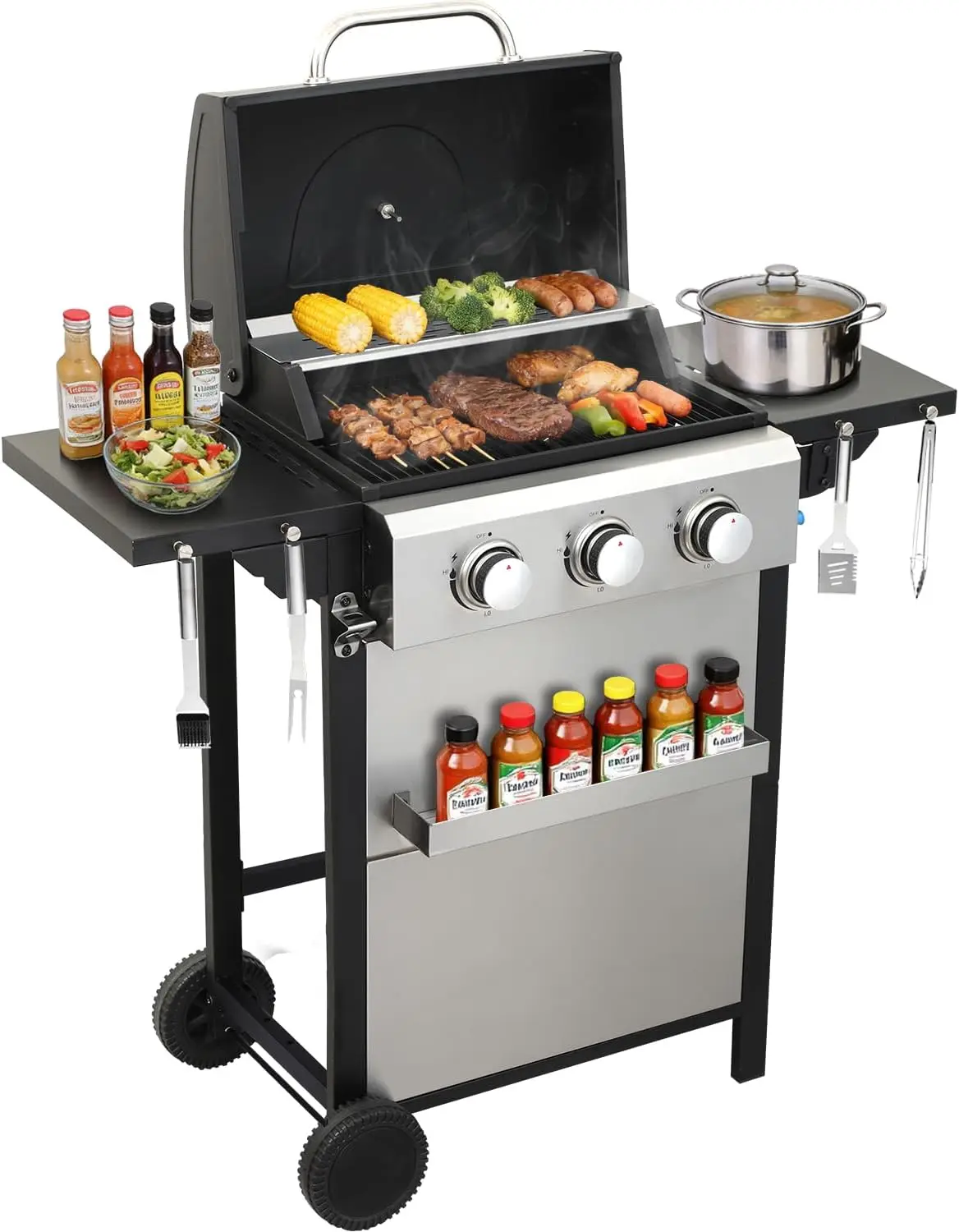 3 Burner Propane Gas Grill, 30,000 BTU Stainless Steel Outdoor BBQ Grill with 322 Sq. In. Cooking Area & 2 Foldable Side Shelves, Patio Cookout Essentials for Backyard