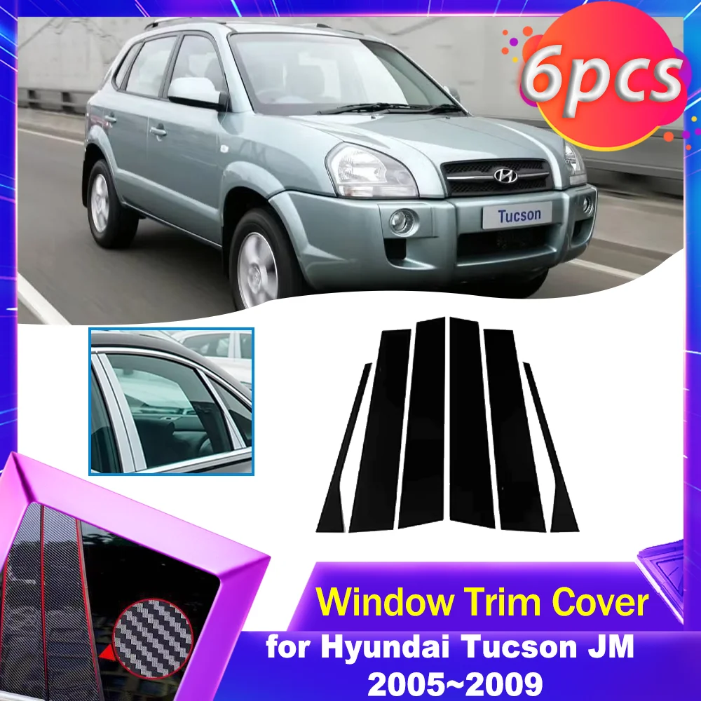 Car Door Window Trim Cover for Hyundai Tucson JM 2005~2009 2006 Carbon Fiber Chrome Sticker B C Pillar Posts Decal Accessories