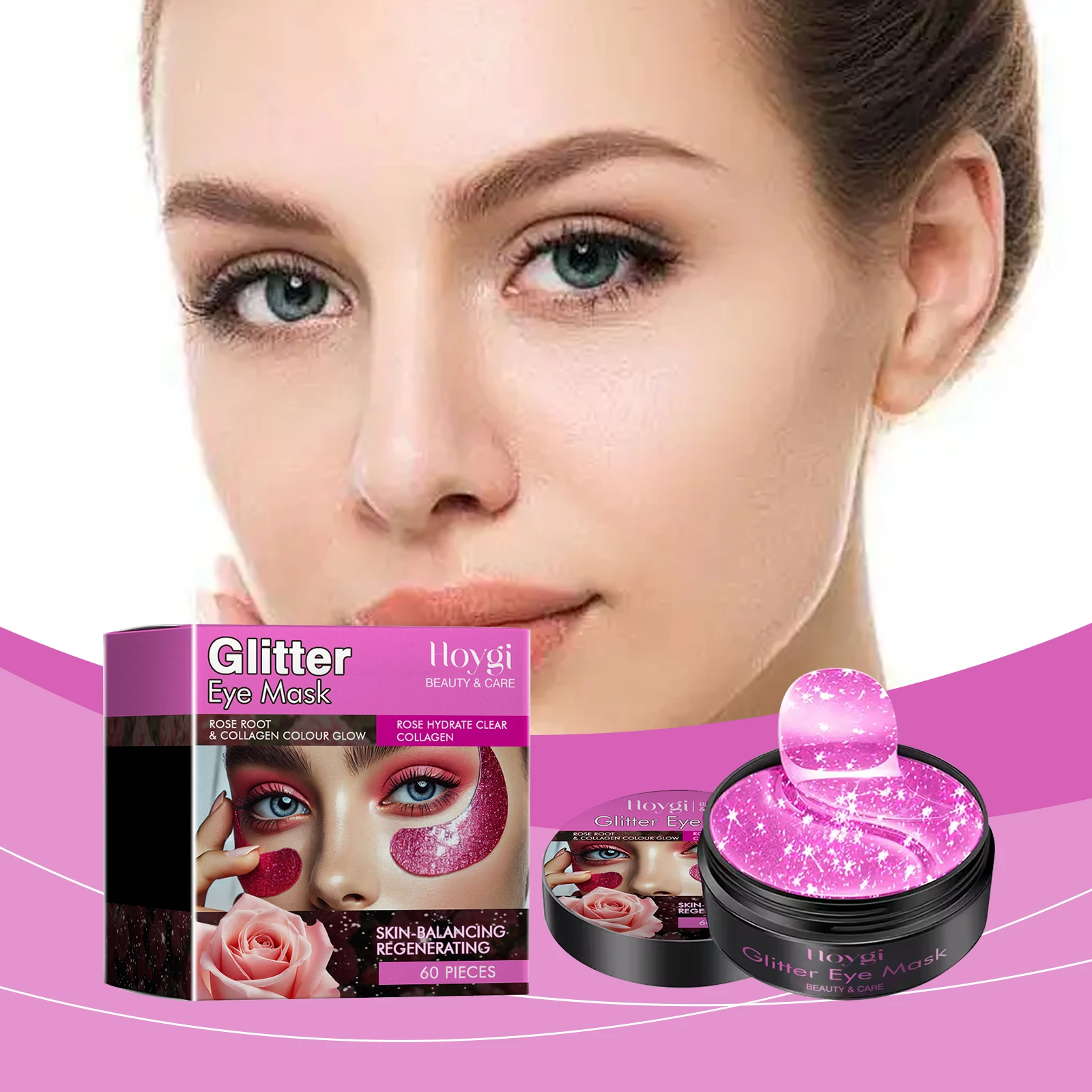 Hoygi 60pcs Collagen Eye Care Mask Lasting Rose Fragrance Fade Fine Lines Firming Remove Dark Circles Anti Puffiness Eye Patches