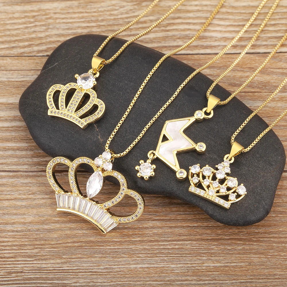 Nidin Light Luxury Trendy Crown Shape Shiny Zircon Charm Pendant Necklace 6 Styles For Women Girl Lucky Jewelry Delicate Gifts