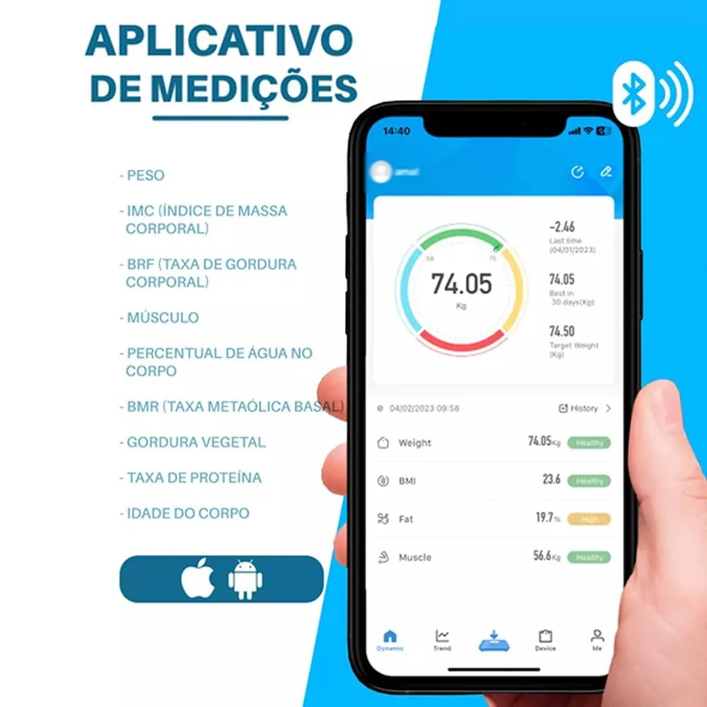 Balança Digital de Bioimpedância Bluetooth com App - Cor Branca