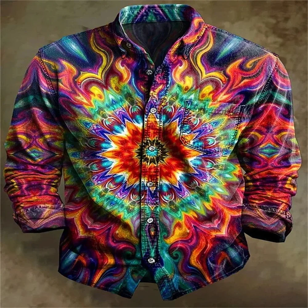 Men's Long Sleeve Shirt Psychedelic Tie Dye Mandala Print Colorful Lapel Button Up Casual Holiday Streetwear Male Tops