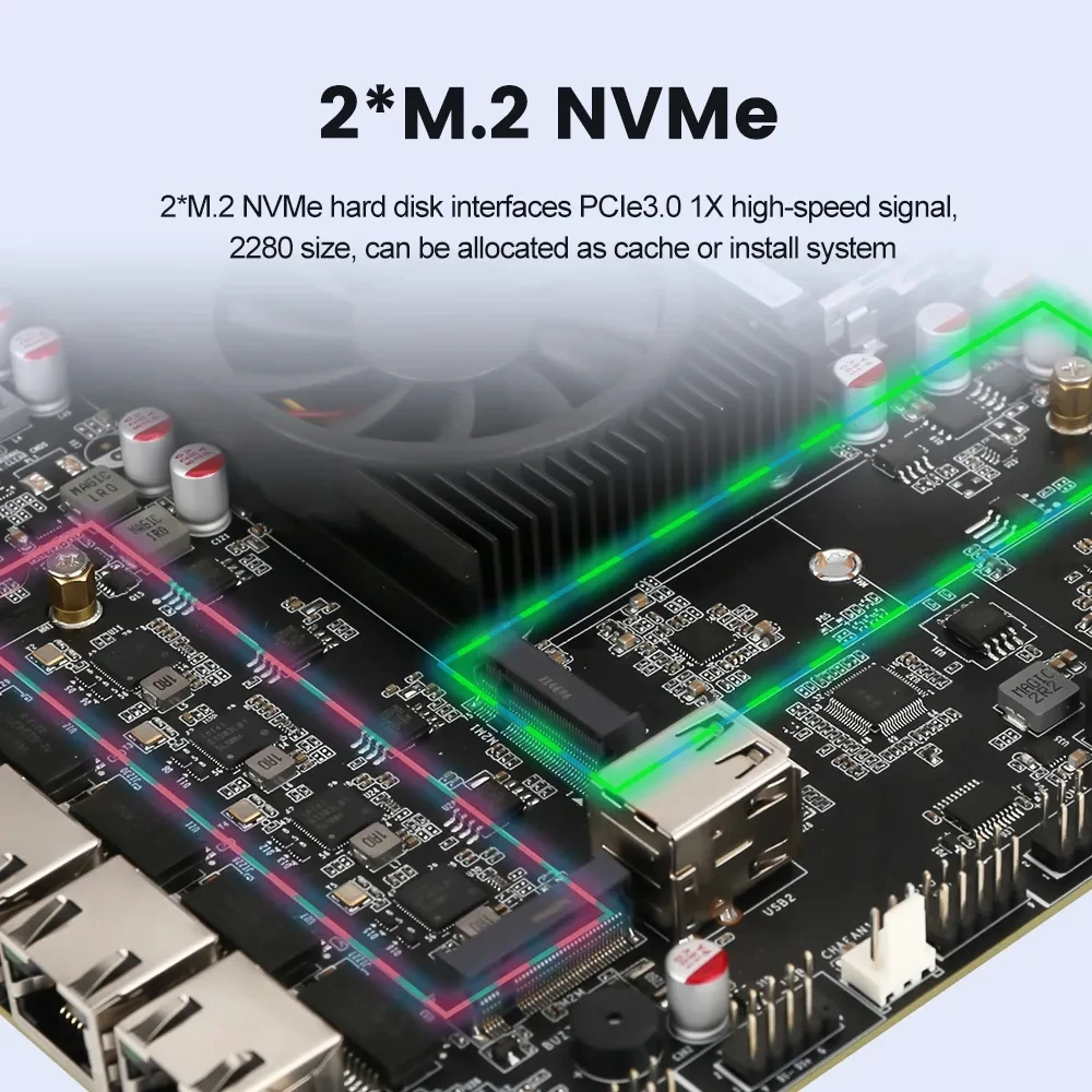 Pentium-Industrial Mini ITX NAS Motherboard, Firewall Routing, 4x Intel i226-V LAN, 2 * M.2 NVMe, 6 * SATA3.0, 2 * DDR4, DP1.4, HDMI2.0