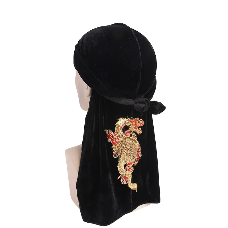 Unisex chiński smok Thermoprint kłaczki Durag Turban z długim ogonem chiński styl solidna czapka damska męska czapka — zdjęcie 2