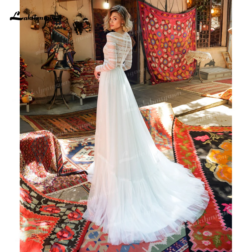 Lakshmigown Boho cuello redondo manga larga botón trasero encaje Top tul una línea vestido de novia personalizado vestidos de novia