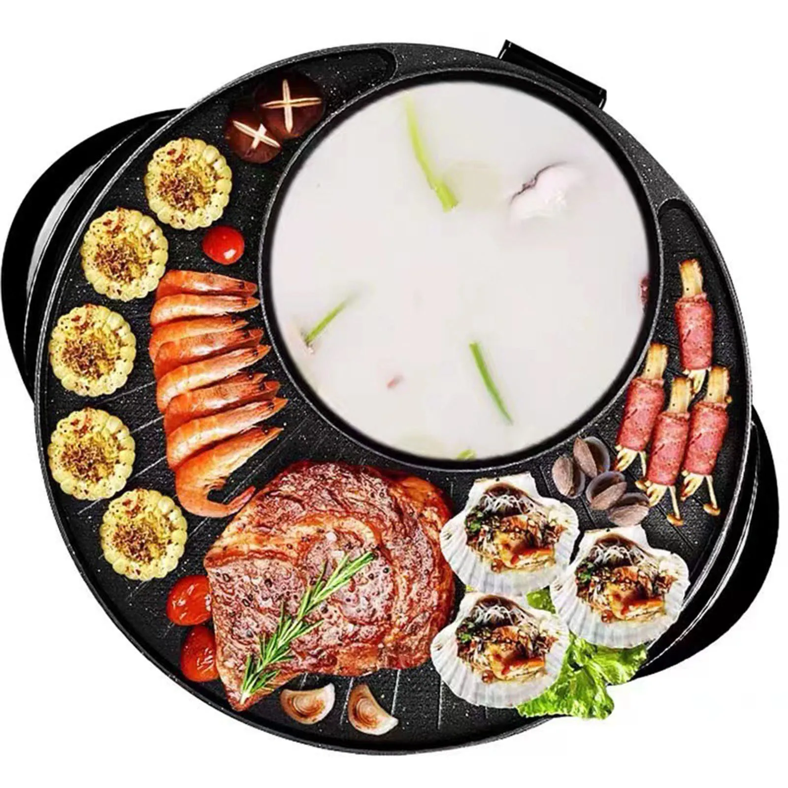 Electric Grill with Hot Pot Portable Round Barbecue Griddle Cookware Non Stick 2 in 1 Korean BBQ for Indoor Outdoor Camping