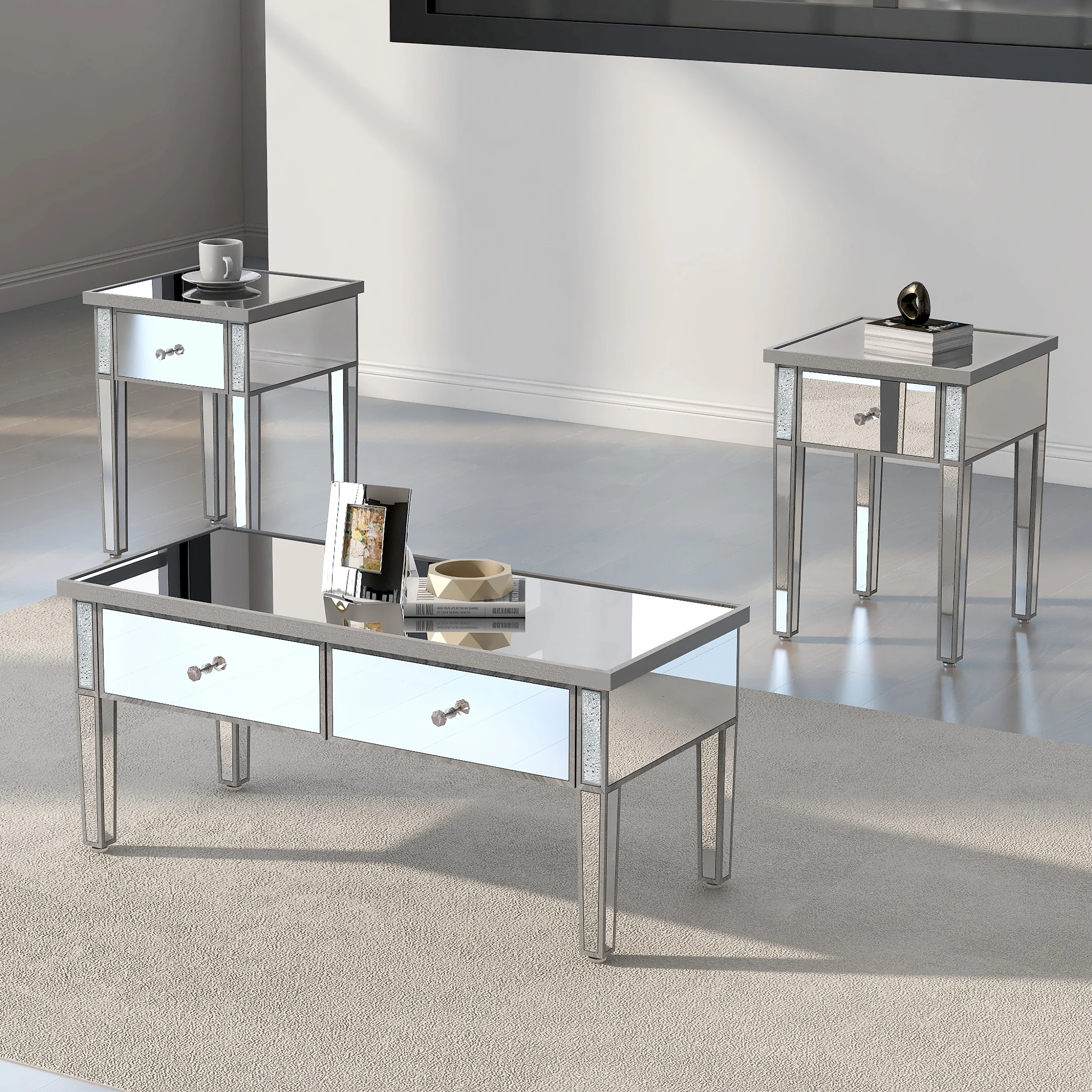 Modern Glass Mirrored Coffee Table W/2 Drawers Cocktail Table W/Crystal Handles&Adjustable Height Legs for Living Room Silver