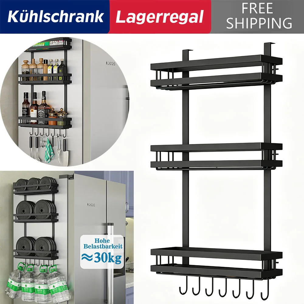Drielaags koelkastopbergrek met 7 haken en een versterkt dubbel metalen frame, draagvermogen tot 30 kg, geschikt voor koelkasten en zijopslag in kasten.