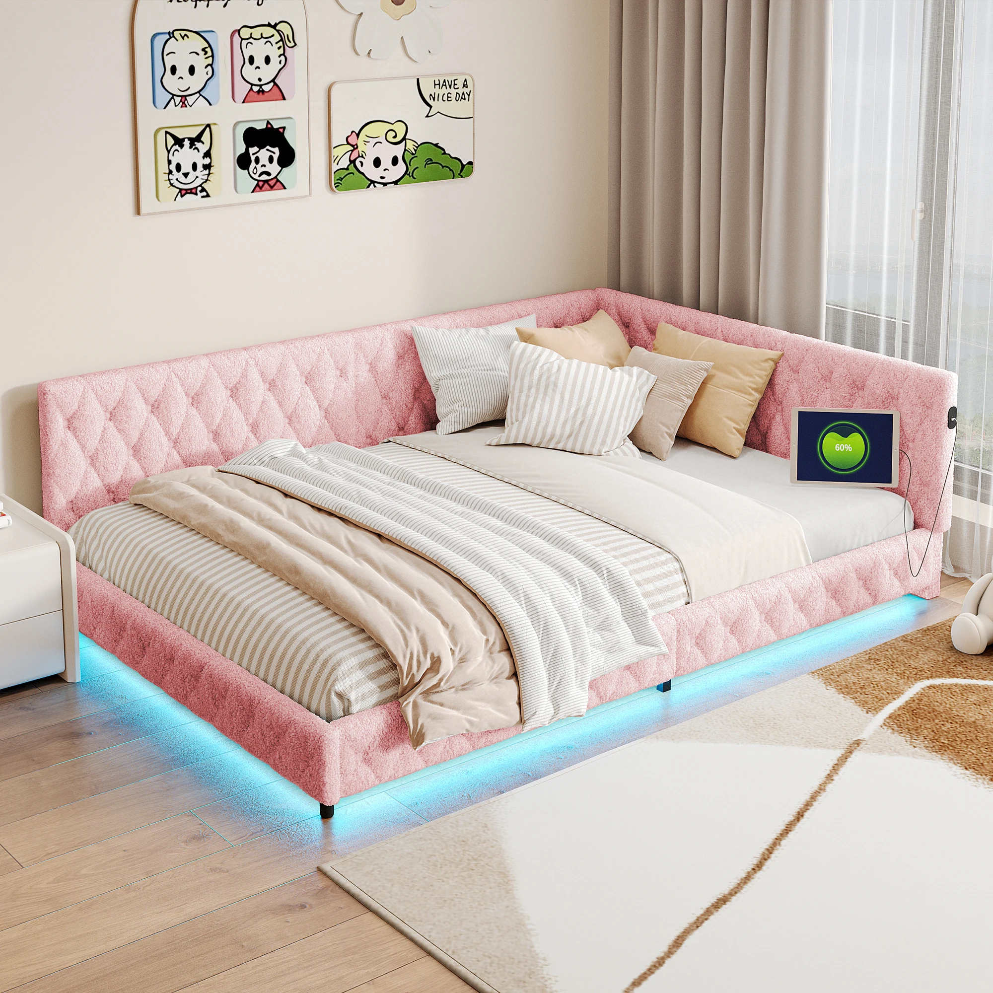 Rosahqnda slaapbank 140*200cm gestoffeerd bed multifunctioneel bed zonder matras lamswol roze en wit/Teddy roze en beige