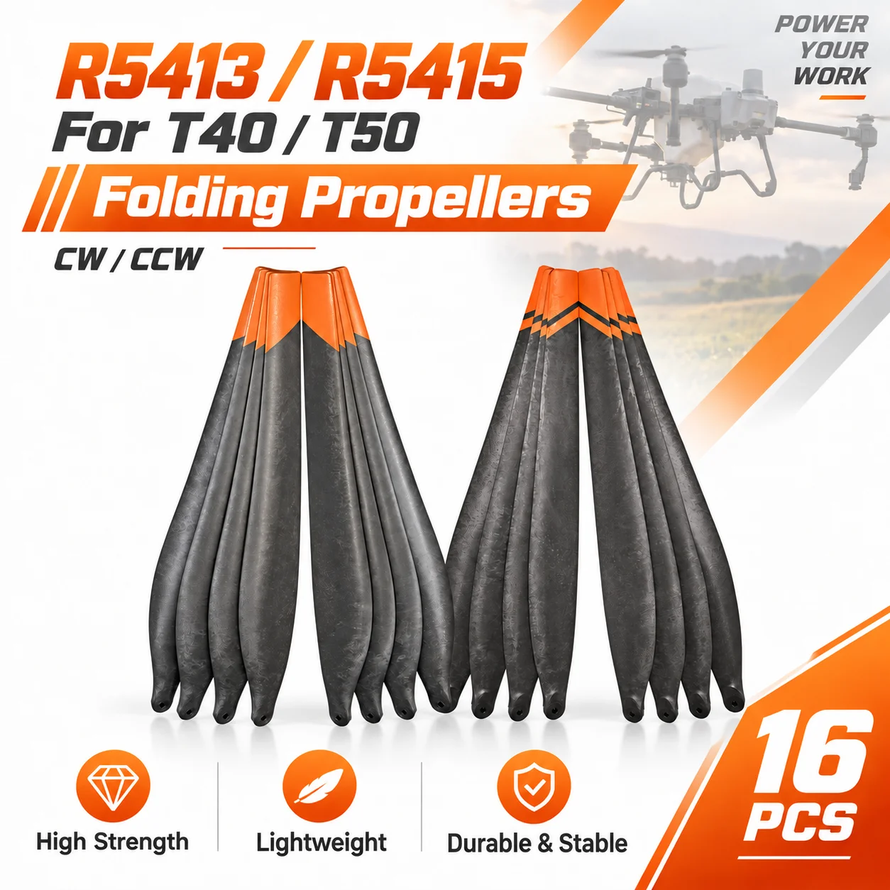 R5413/R5415 Props for DJI T40/T50 Agri Drone, Black Wear Resistant Blades, Easy Install, 2/16 PCS