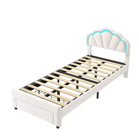 90x200cm Children's Bed, Upholstered Bed with Storage Space and Petal Headboard, with LED Lighting and 1 Drawer, Velvet, White