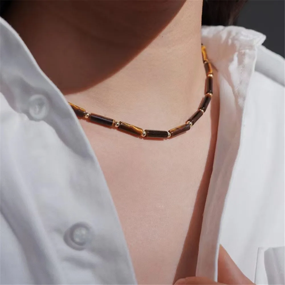 High-grade Handmade Natural Stone Tiger Eye Beaded Metal Textured Necklace Temperament Vintage Jewelry Gift Women Clavicle Chain