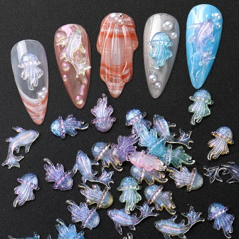 30/50pcs 3D Aurora méduse dauphin breloques pour ongles cristal irisé Nail Art gemmes bricolage été manucure accessoires fournitures